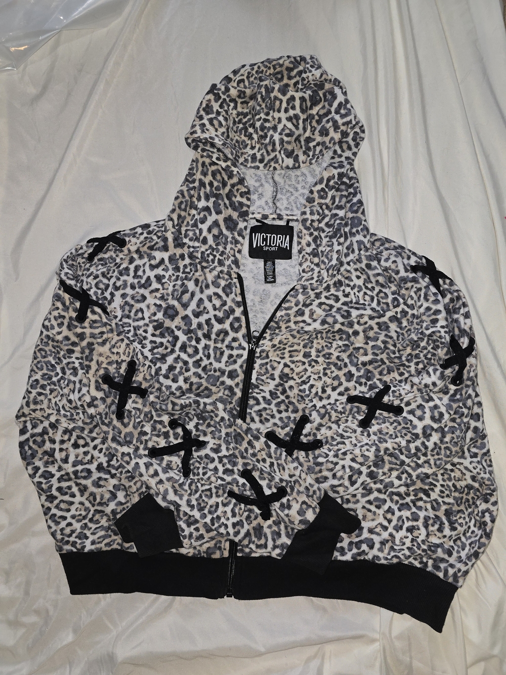 Victoria Sport Women's Leopard Zip Hoodie in Gray/White with Black Accents Sz XL